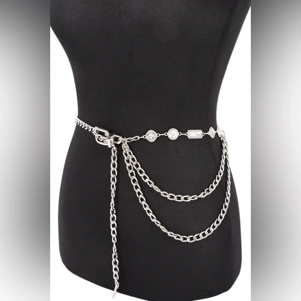 Gold or Silver Metal Rhinestone Chain Statement Belt